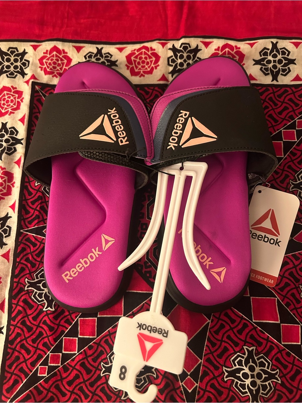Reebok Women's Magenta and Black Slide Sandals